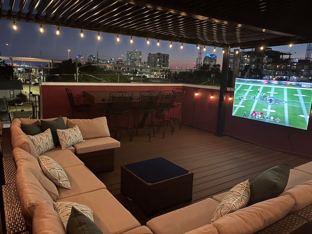 Rooftop cabana and Tampa skyline