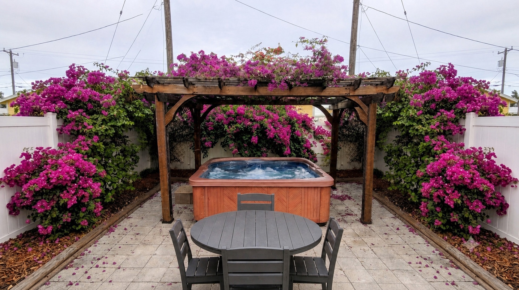 Private hot tub beneath bougainvillea at Ybor Roost