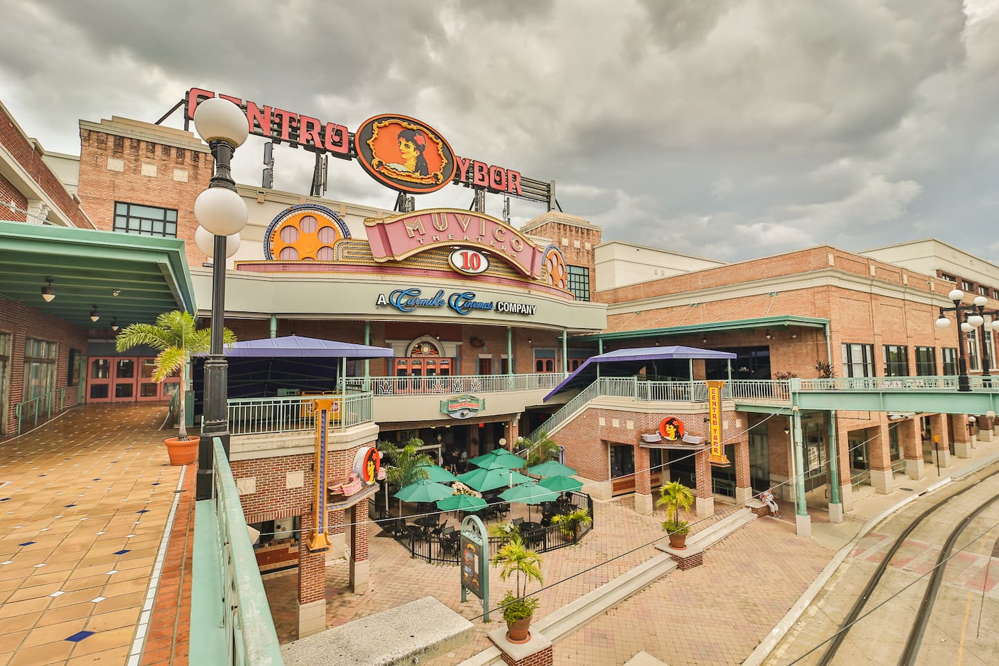 Centro Ybor courtyard with historic brick and iron balconies